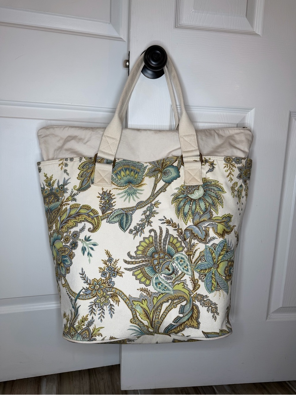 Pottery Barn Large Canvas Floral Print Tote 15" x 14" x 10" Off White Blue Green